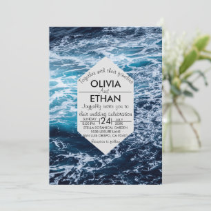 Elegant Navy Blue Ocean Waves Beach Wedding Invitation