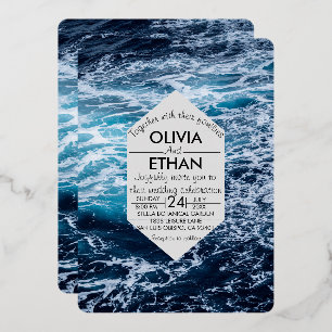 Elegant Navy Blue Ocean Waves Summer Beach Wedding Foil Invitation
