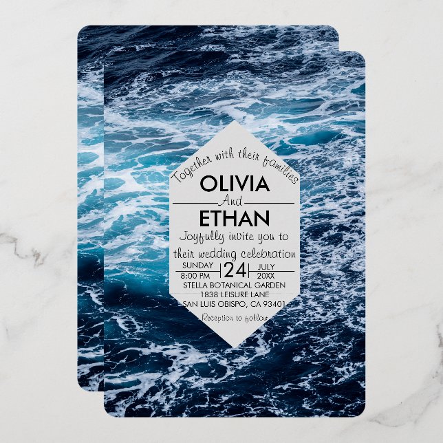 Elegant Navy Blue Ocean Waves Summer Beach Wedding Foil Invitation (Front/Back)