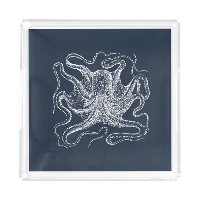 Elegant Navy Blue Octopus Illustration Acrylic Tray (Front)
