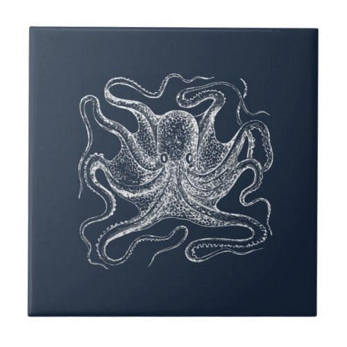 Elegant Navy Blue Octopus Illustration Ceramic Tile