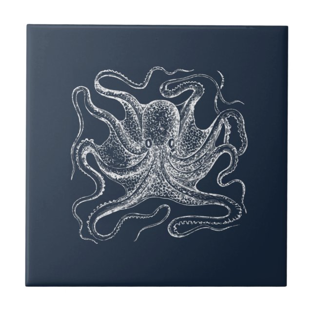 Elegant Navy Blue Octopus Illustration Ceramic Tile (Front)