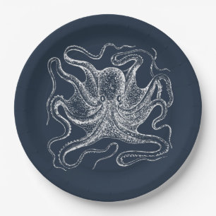 Elegant Navy Blue Octopus Illustration Paper Plates