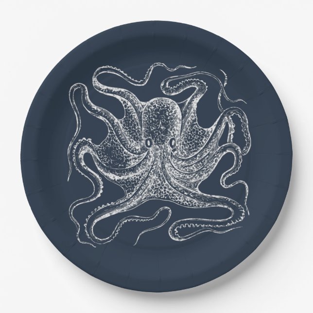 Elegant Navy Blue Octopus Illustration Paper Plates (Front)