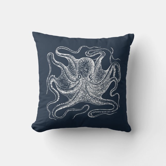 Elegant Navy Blue Octopus Illustration Throw Pillow (Front)