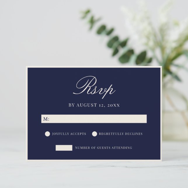 Elegant Navy Blue Old Money Wedding RSVP Card (Standing Front)