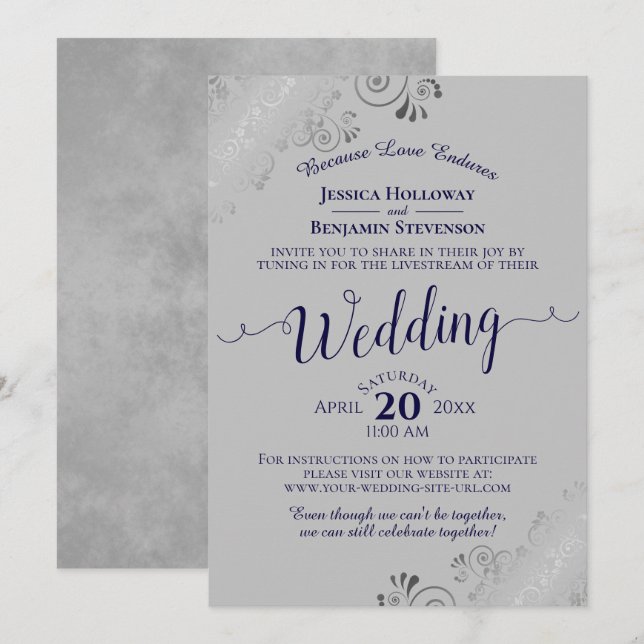Elegant Navy Blue on Gray Wedding Livestream Invitation (Front/Back)