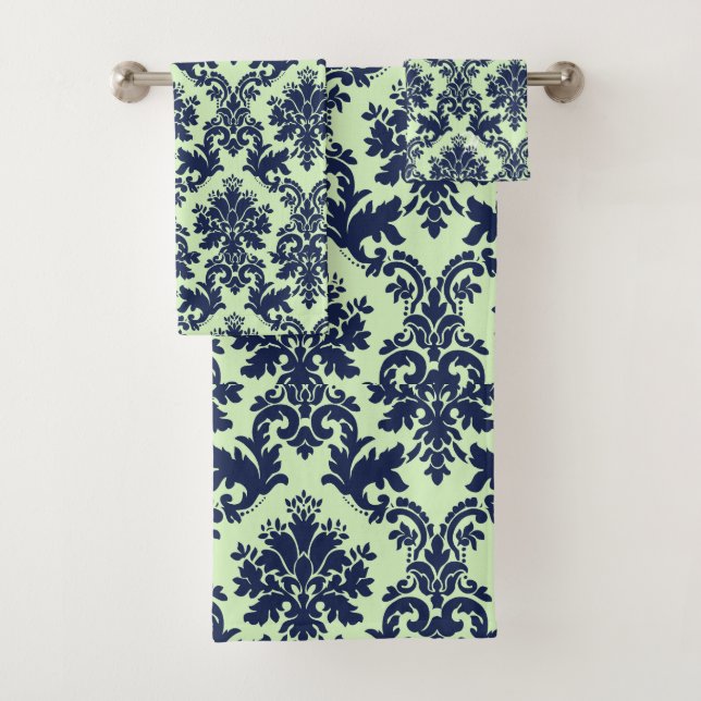 Elegant navy blue on green vintage floral damasks bath towel set (Insitu)