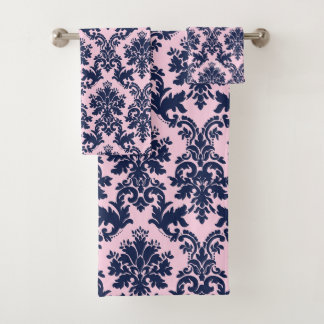 Elegant navy blue on pink vintage floral damasks bath towel set