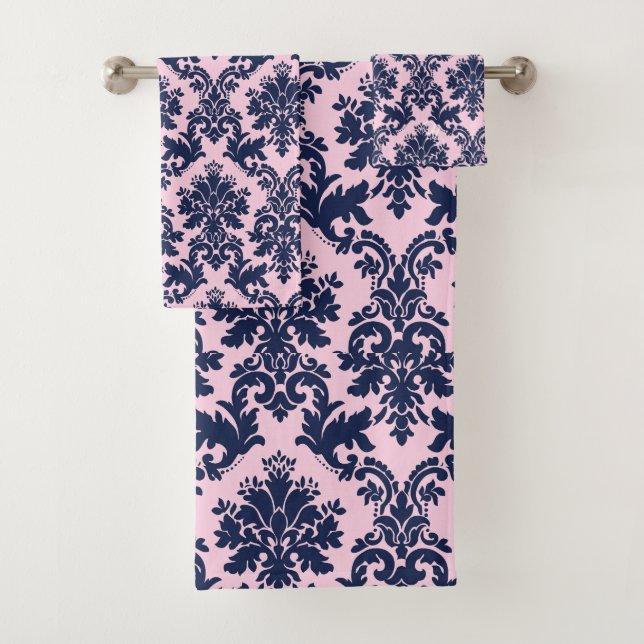 Elegant navy blue on pink vintage floral damasks bath towel set (Insitu)