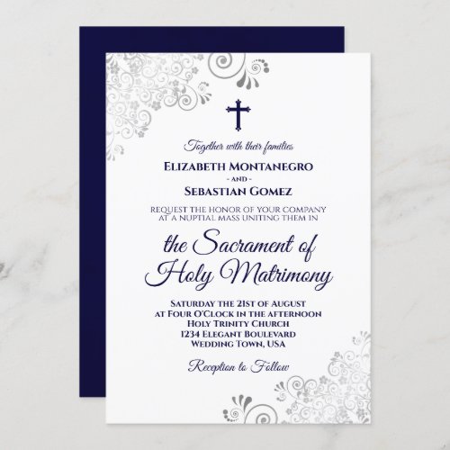 Elegant Navy Blue on White Modern Catholic Wedding Invitation