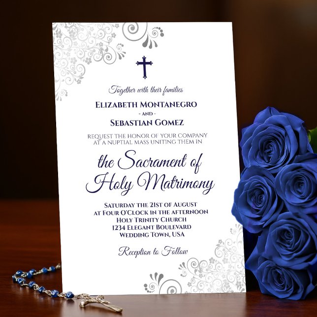 Elegant Navy Blue on White Modern Catholic Wedding Invitation (Creator Uploaded)