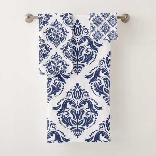 Elegant navy blue on white vintage damasks bath towel set