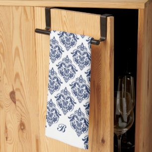 Elegant navy blue on white vintage damasks kitchen towel