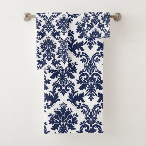 Elegant navy blue on white vintage floral damasks bath towel set