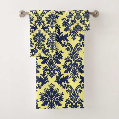 Elegant navy blue on yellow vintage floral damasks bath towel set