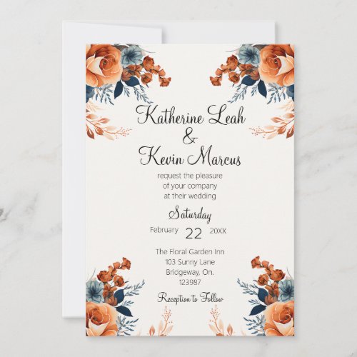 Elegant Navy Blue Orange Floral  Invitation