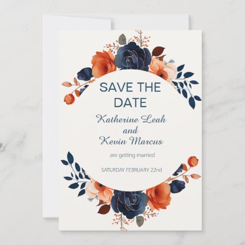 Elegant Navy Blue Orange Floral Save the Date Invitation