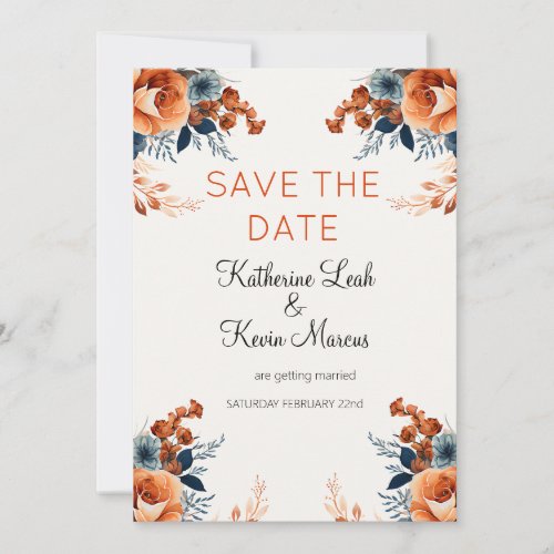 Elegant Navy Blue Orange Floral Save the Date Invitation