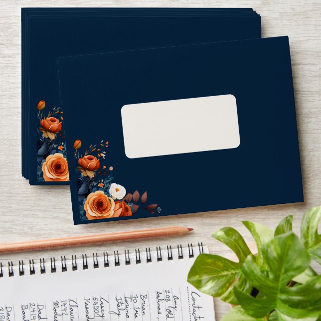 Elegant Navy Blue Orange Floral Wedding Envelope (Stacked)