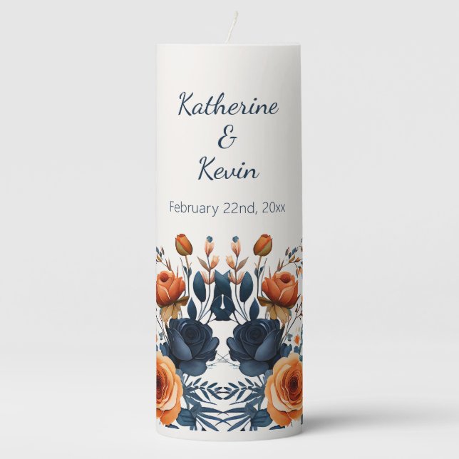 Elegant Navy Blue Orange Floral Wedding Pillar Candle (Front)