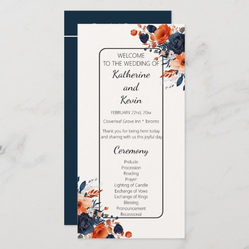 Elegant Navy Blue Orange Floral Wedding Program