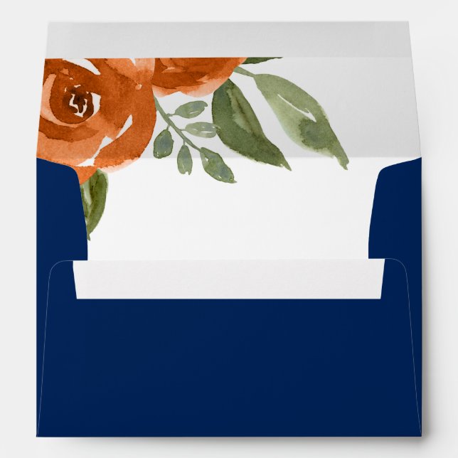 Elegant Navy Blue Orange Watercolor Floral Envelope (Back (Bottom))
