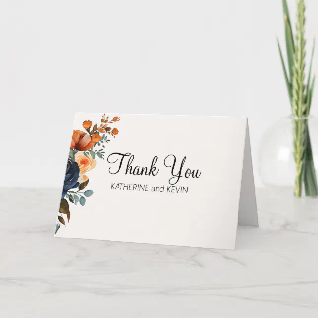 Elegant Navy Blue Orange Watercolor Floral Thank You Card | Zazzle