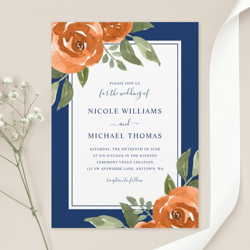 Elegant Navy Blue Orange Watercolor Floral Wedding Invitation