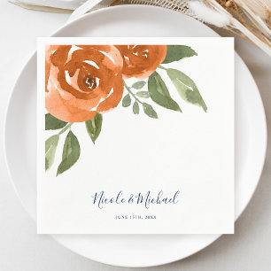 Elegant Navy Blue Orange Watercolor Floral Wedding Napkins