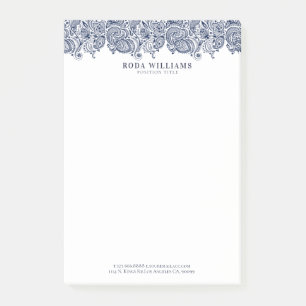 Elegant navy blue ornate floral paisley lace post-it notes
