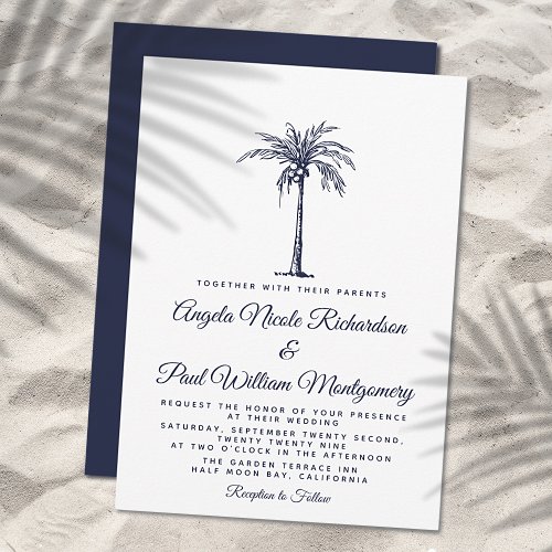 Elegant Navy Blue Palm Tree Formal Beach Wedding Invitation