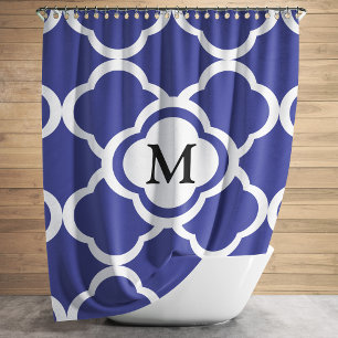 Elegant Navy Blue Pattern Monogram Shower Curtain