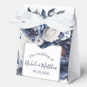 Elegant Navy Blue Peonies & White Roses Wedding Favor Boxes
