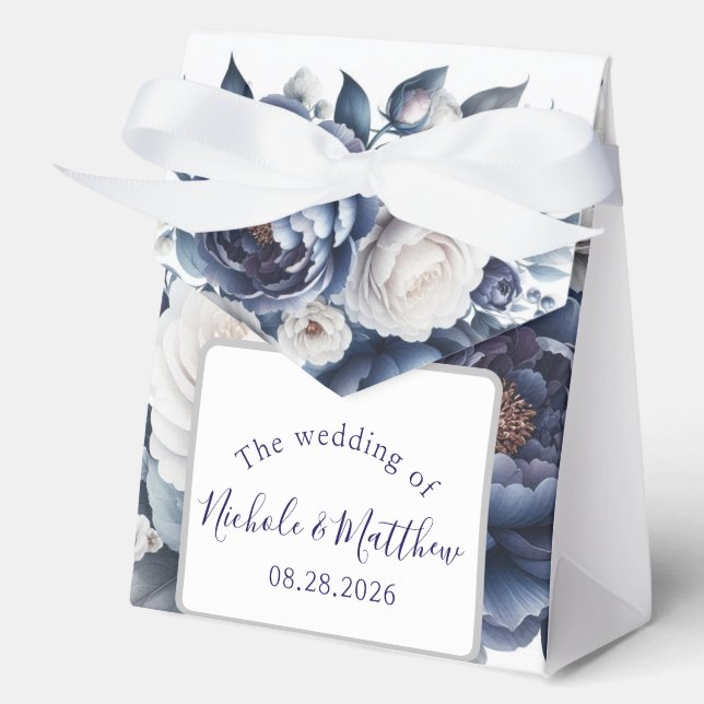 Elegant Navy Blue Peonies & White Roses Wedding Favor Boxes (Front)