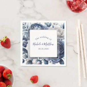 Elegant Navy Blue Peonies & White Roses Wedding Napkins