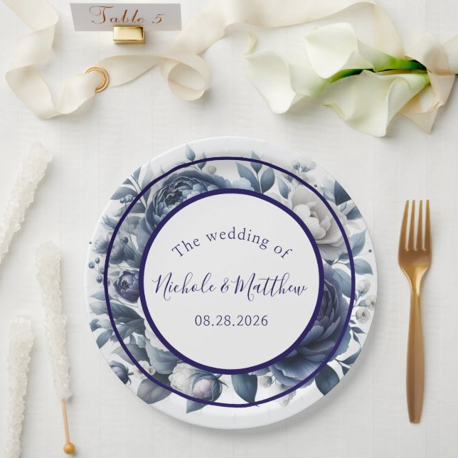 Elegant Navy Blue Peonies & White Roses Wedding Paper Plates (Wedding)