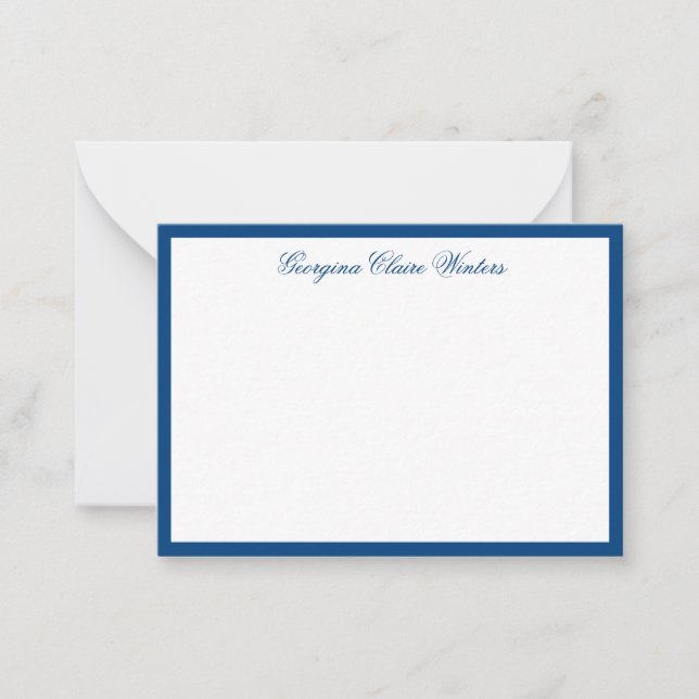 Elegant Navy Blue Personalized Classic Script Note Card (Front)