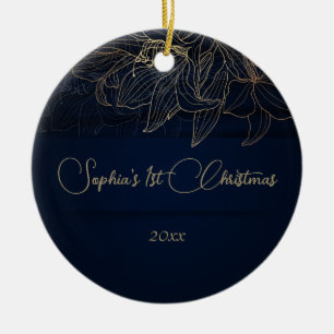 Elegant Navy Blue Personalized First Christmas Ceramic Ornament