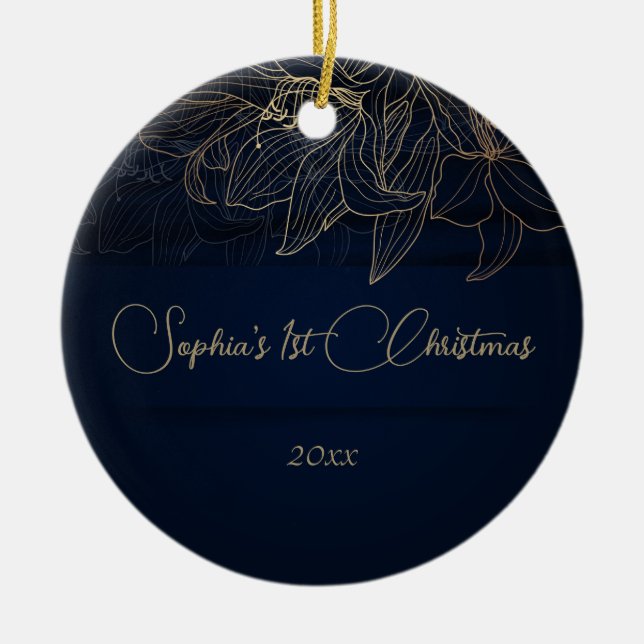 Elegant Navy Blue Personalized First Christmas  Ceramic Ornament (Front)