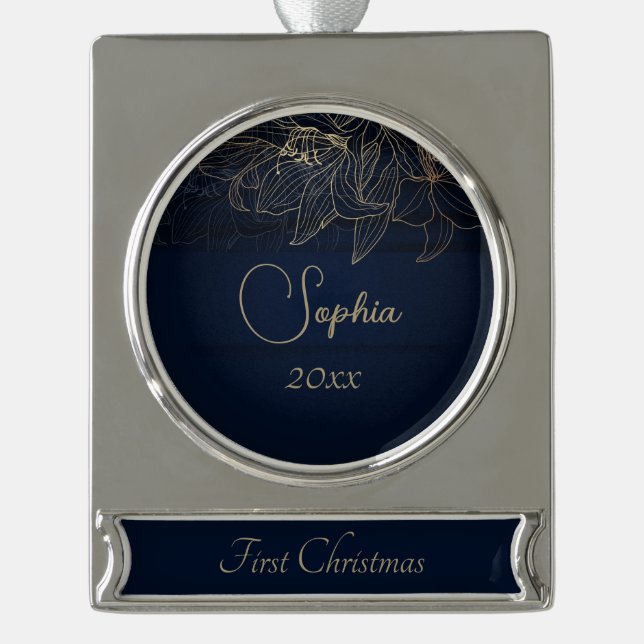 Elegant Navy Blue Personalized First Christmas Silver Plated Banner Ornament (Front)