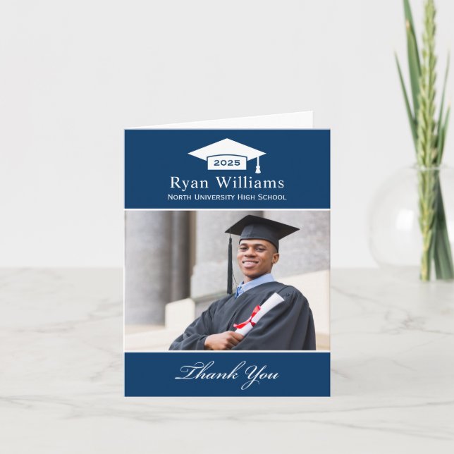 Elegant Navy Blue Personalized Graduation Photo Thank You Card (Front)