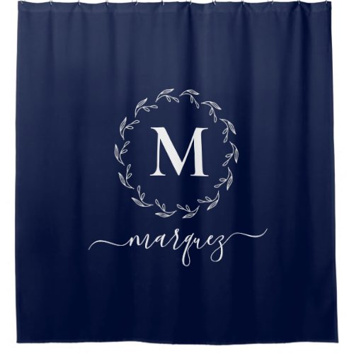 Elegant Navy Blue Personalized Wreath Monogram Shower Curtain