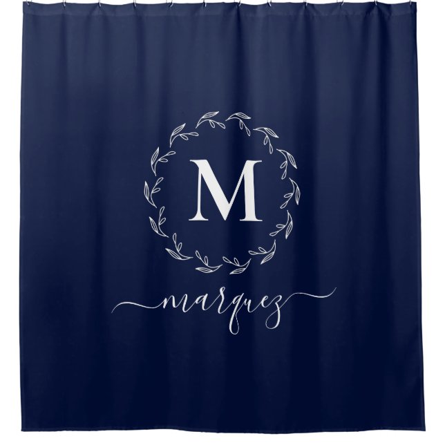 Elegant Navy Blue Personalized Wreath Monogram Shower Curtain (Front)