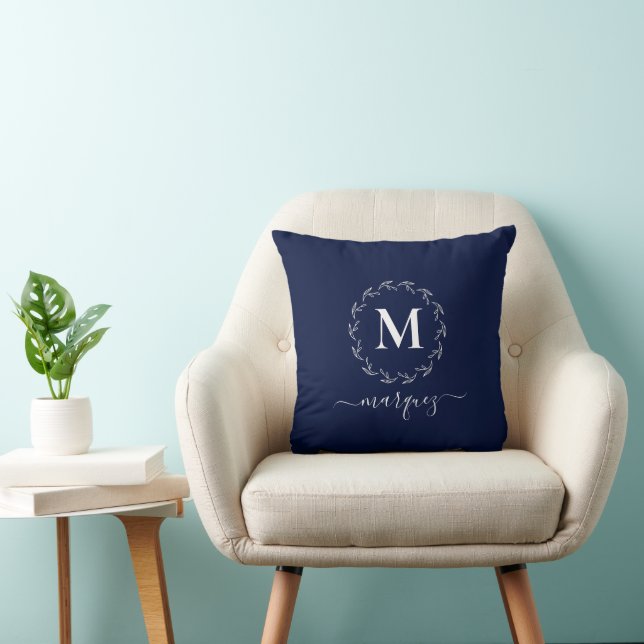 Elegant Navy Blue Personalized Wreath Monogram Throw Pillow (Chair)