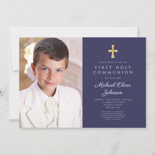 Elegant Navy Blue Photo Boy First Communion Invitation