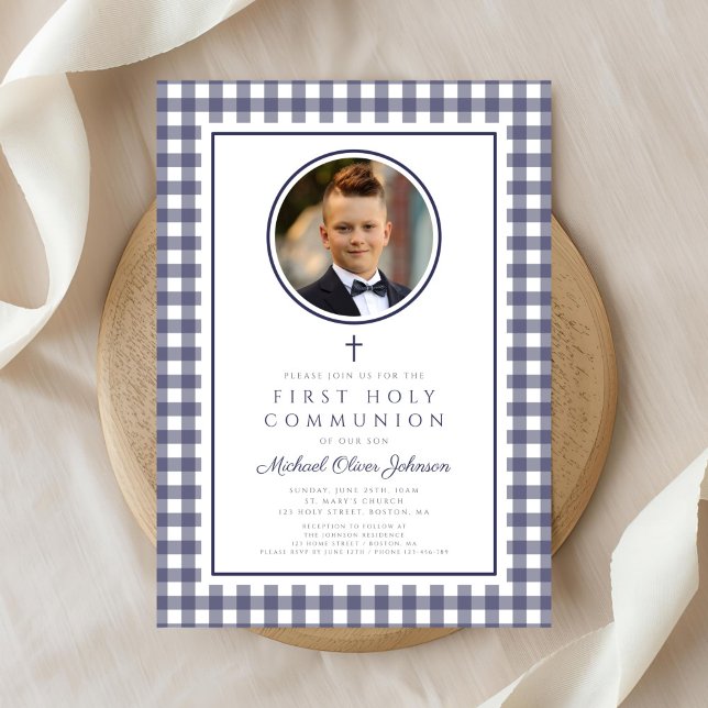 Elegant Navy Blue Photo Boy First Communion Invitation (Elegant Navy Blue Photo Boy First Communion Invitation)