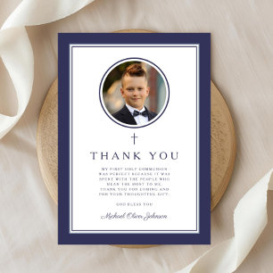Elegant Navy Blue Photo Boy First Communion Thank You Card