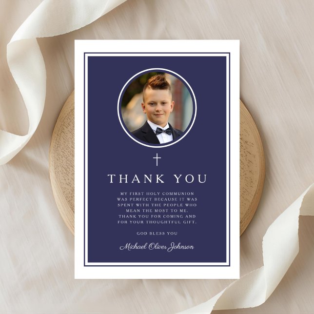 Elegant Navy Blue Photo Boy First Communion Thank You Card (Elegant Navy Blue Photo Boy First Communion Thank You Card)