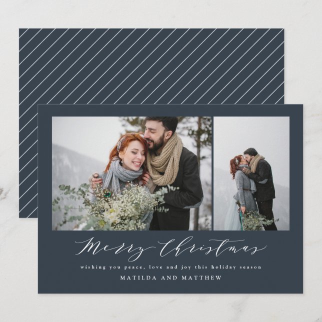 Elegant navy blue photo collage christmas holiday card (Front/Back)